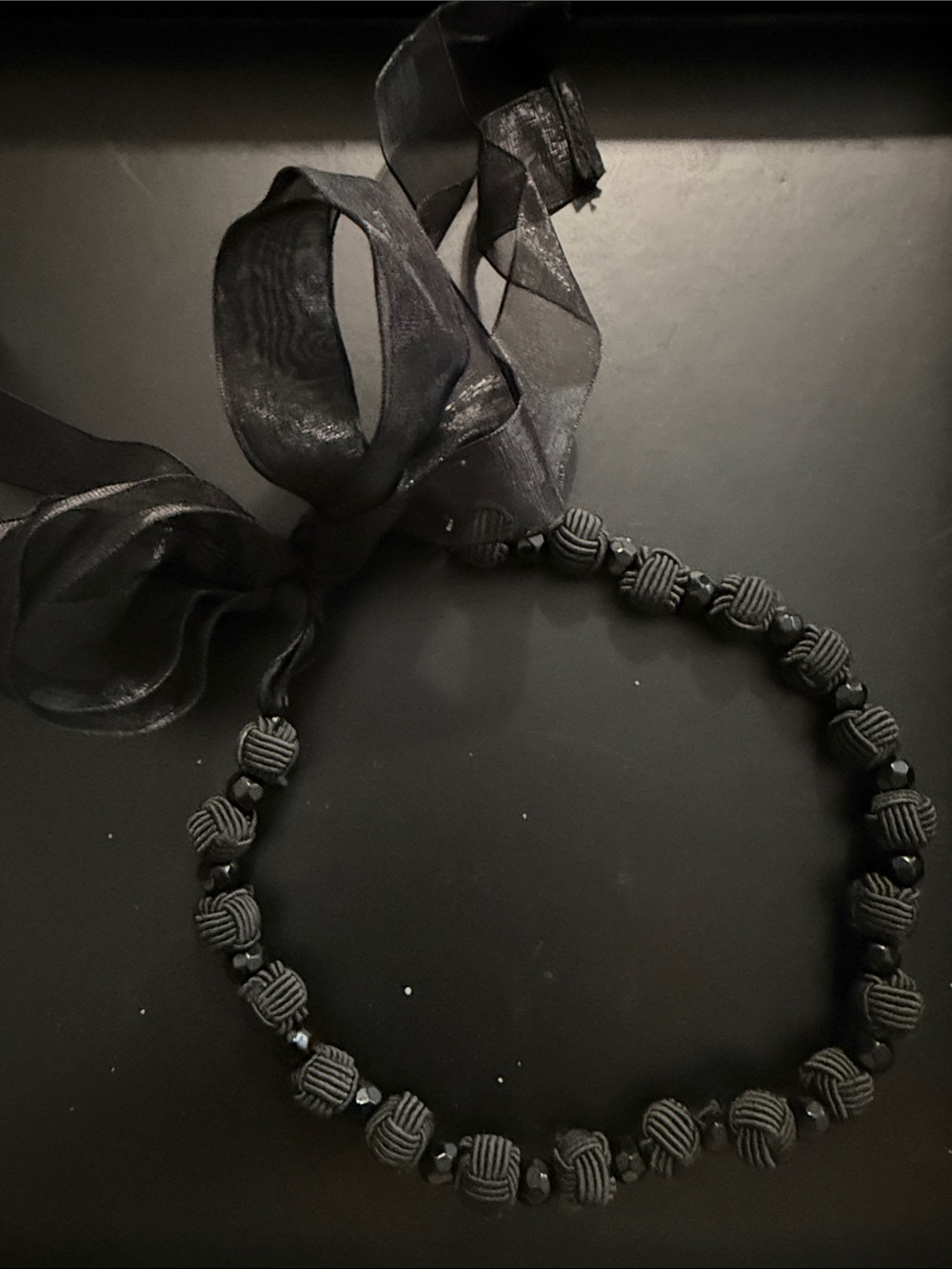 Vintage 90s Black Knotted Bead Ribbon Choker-style Necklace